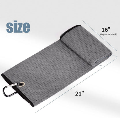 Tri-Fold Golf Towel | Premium Microfiber Fabric | Waffle Pattern | Heavy Duty Carabiner Clip (Dark Gray/Black)